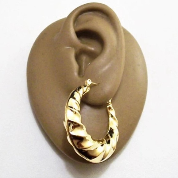 Swirl Crimped Hoops Pierced Stud Earrings Gold Plated Vintage Large Round - Picture 5 of 6